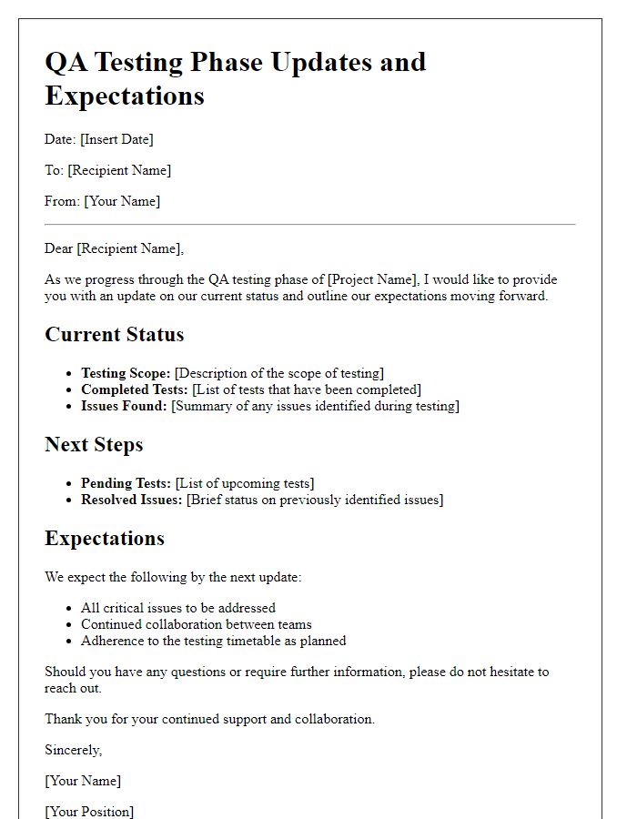 Letter template of QA Testing Phase Updates and Expectations