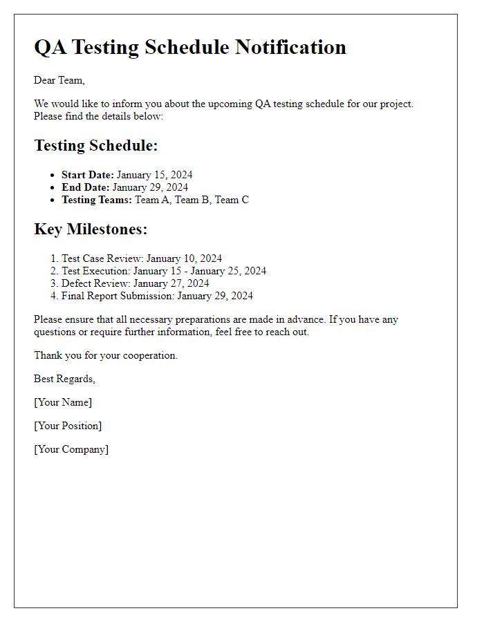 Letter template of QA Testing Schedule Communication