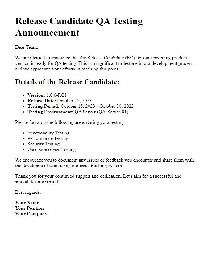 Letter template of Release Candidate QA Testing Announcement