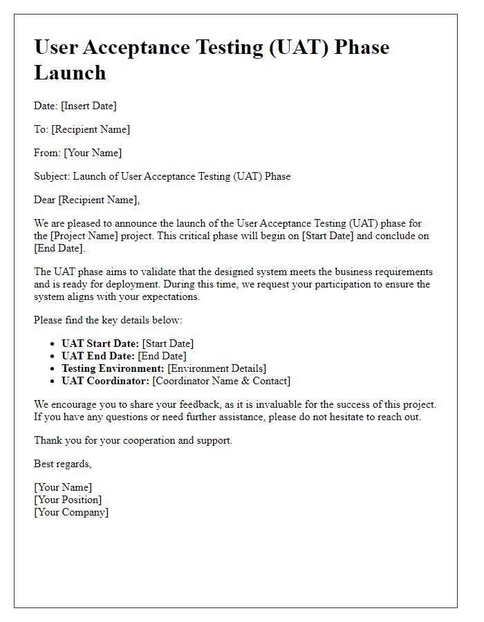 Letter template of User Acceptance Testing (UAT) Phase Launch