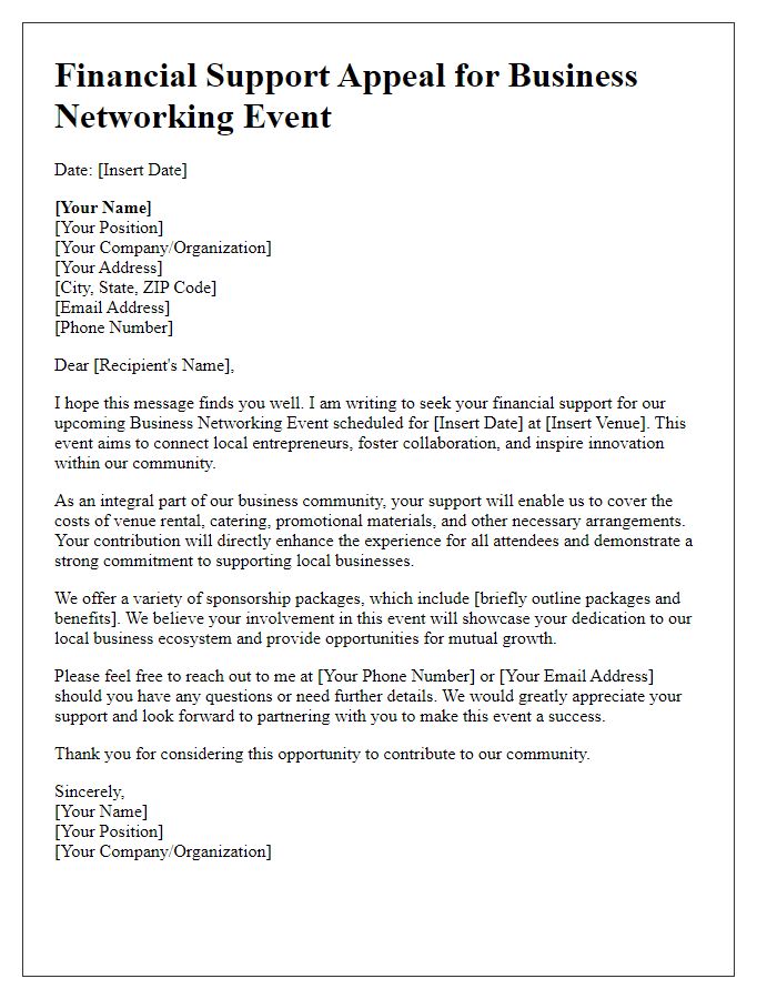 Letter template of financial support appeal for business networking event