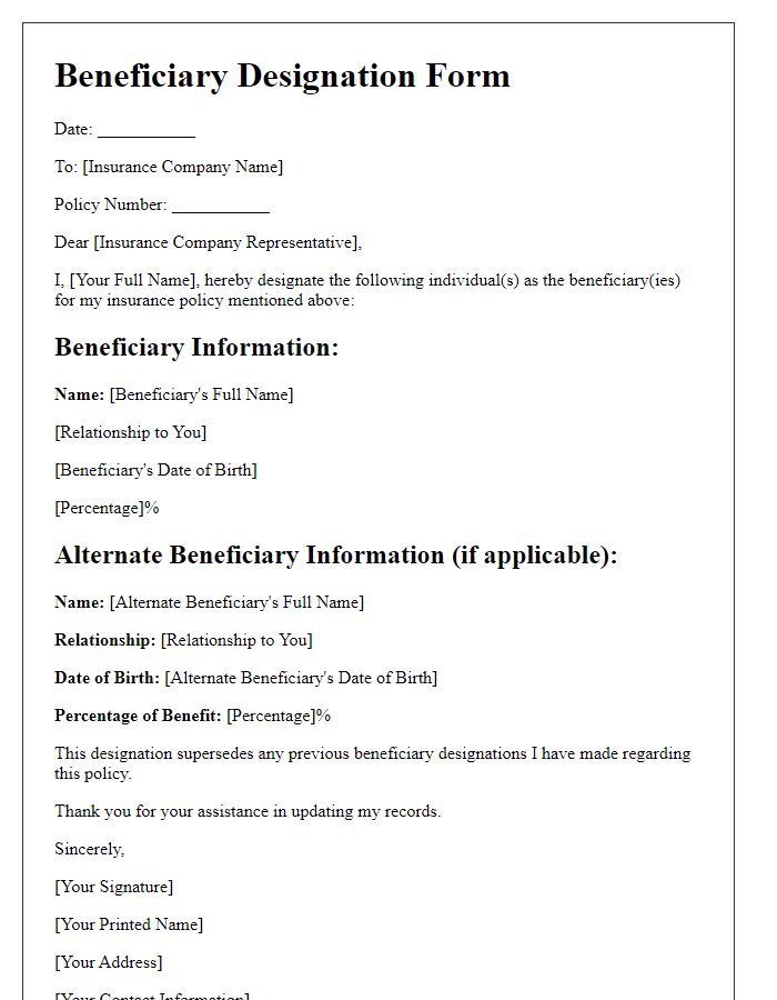 Letter template of insurance policy beneficiary designation