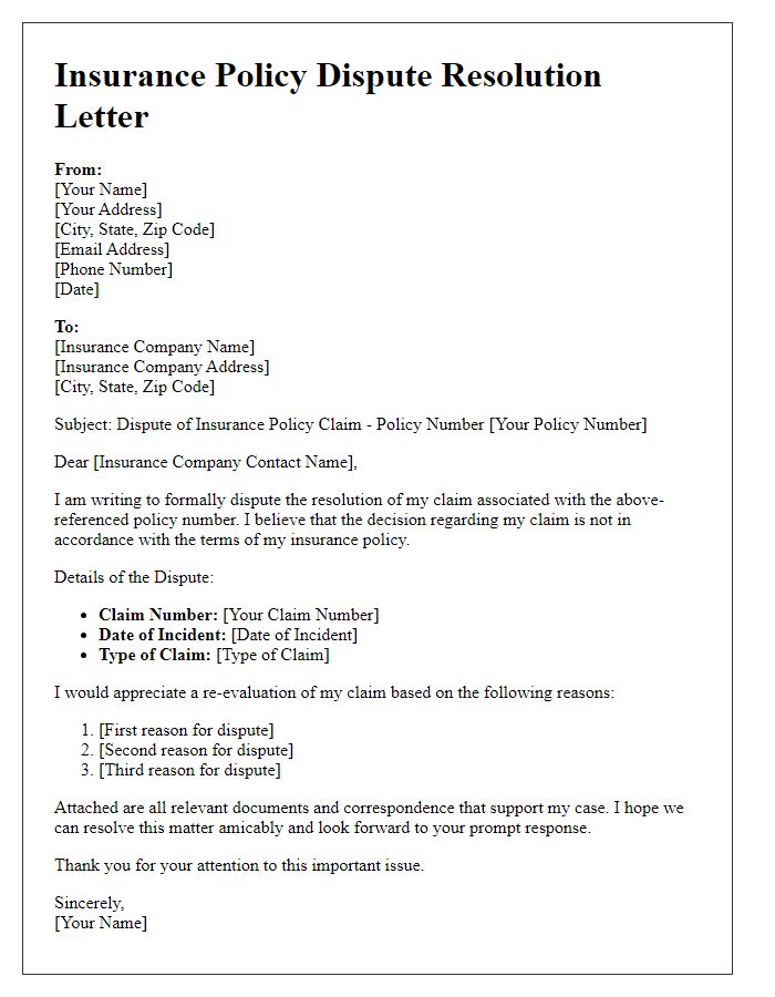 Letter template of insurance policy dispute resolution