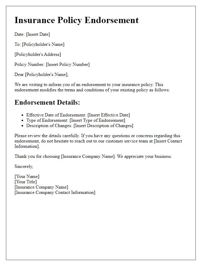 Letter template of insurance policy endorsement