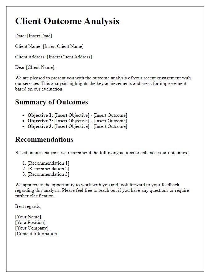 Letter template of client outcome analysis