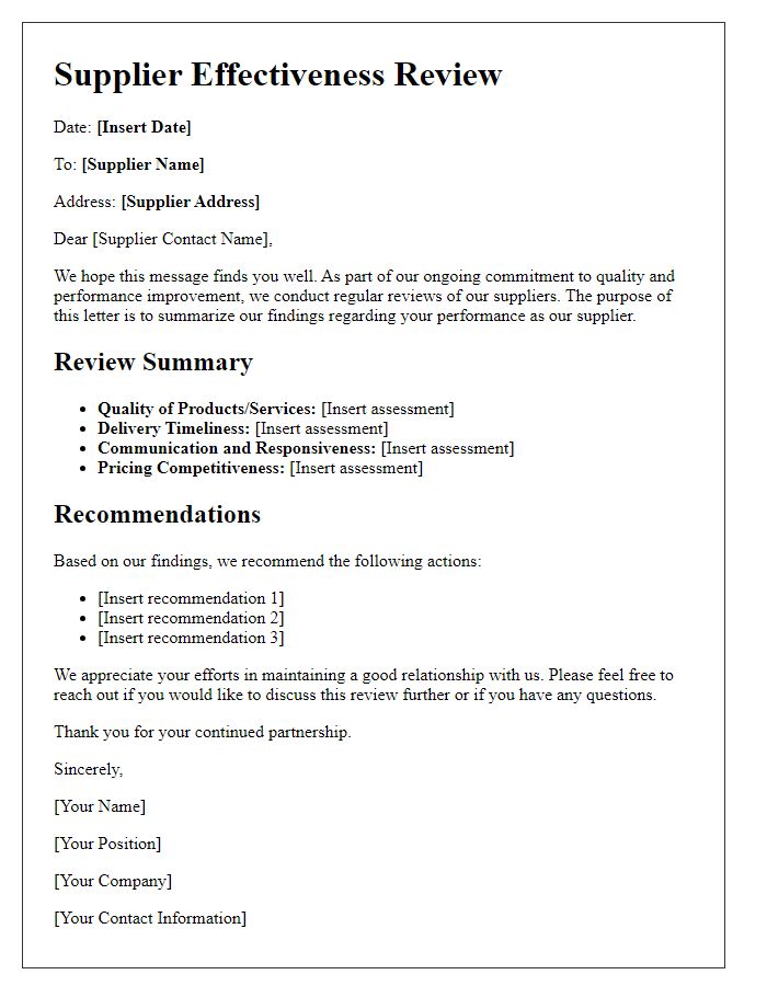 Letter template of supplier effectiveness review