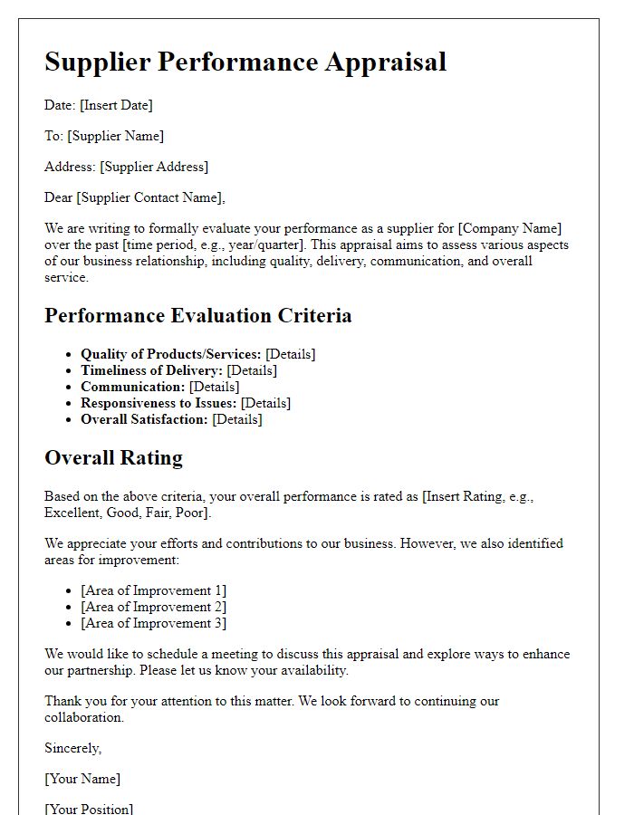 Letter template of supplier performance appraisal