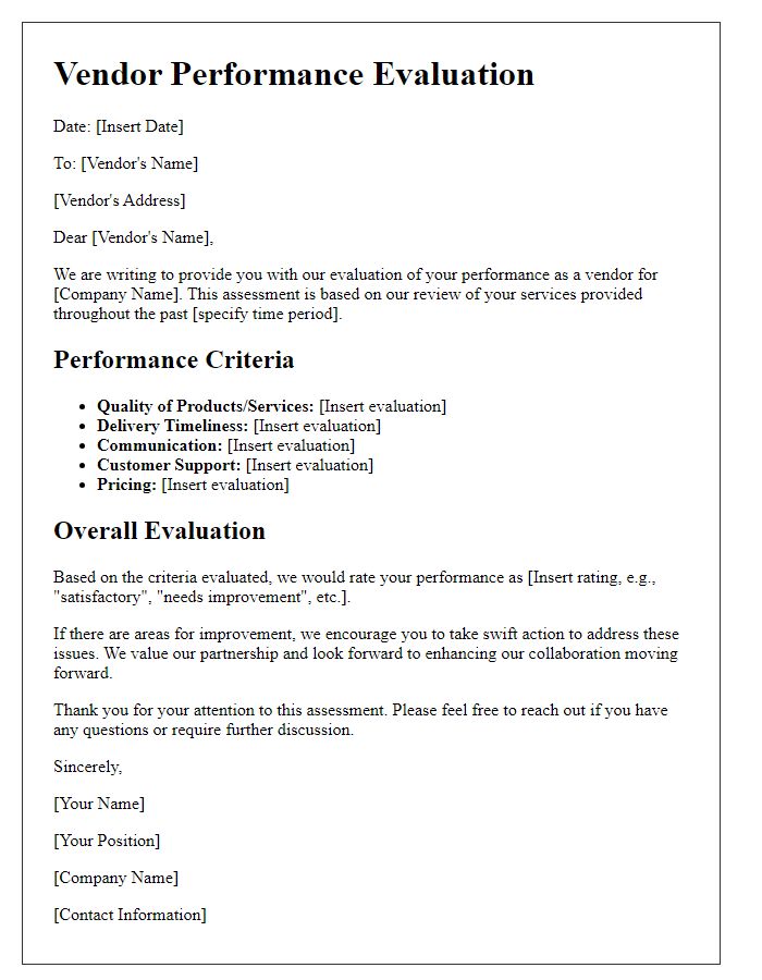 Letter template of vendor performance evaluation