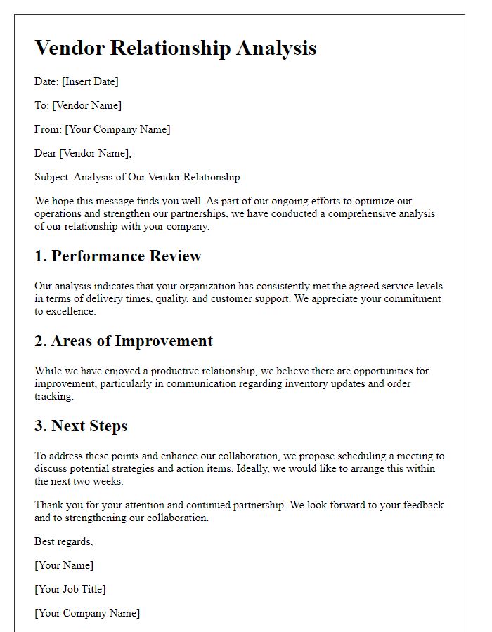 Letter template of vendor relationship analysis