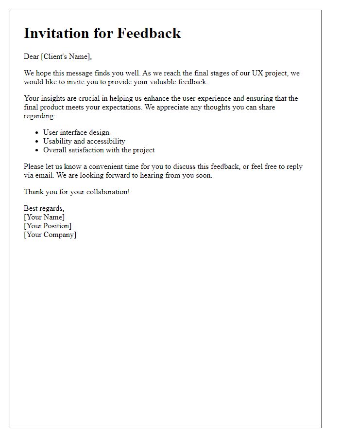 Letter template of client feedback invitation for UX project