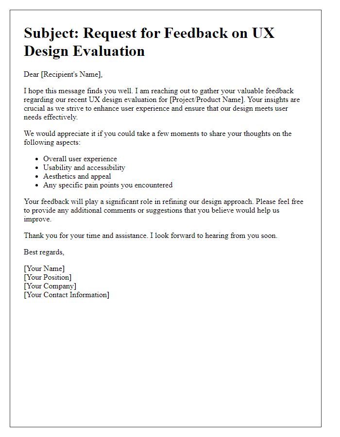 Letter template of UX design evaluation feedback inquiry