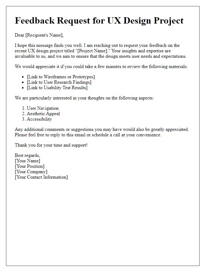 Letter template of UX design project feedback request