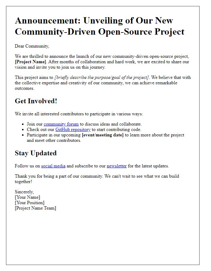 Letter template of community-driven open-source project unveiling