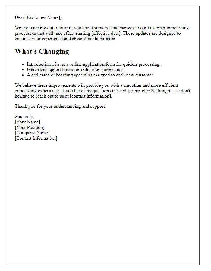 Letter template of changes to customer onboarding procedures