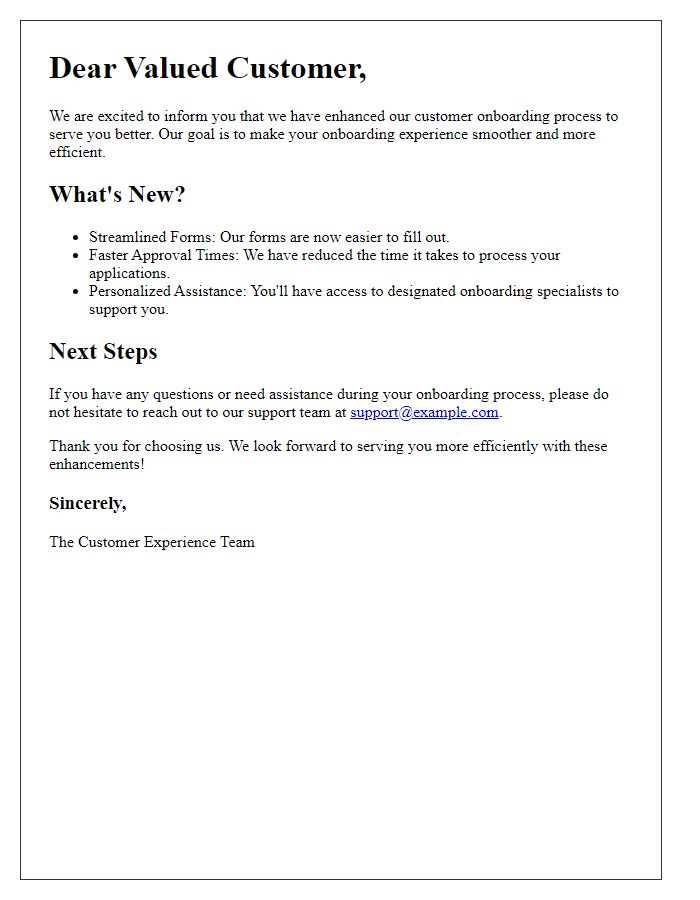 Letter template of customer onboarding process enhancement notification