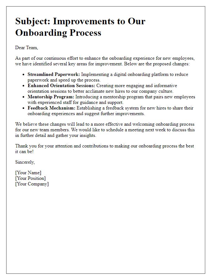 Letter template of onboarding process improvements