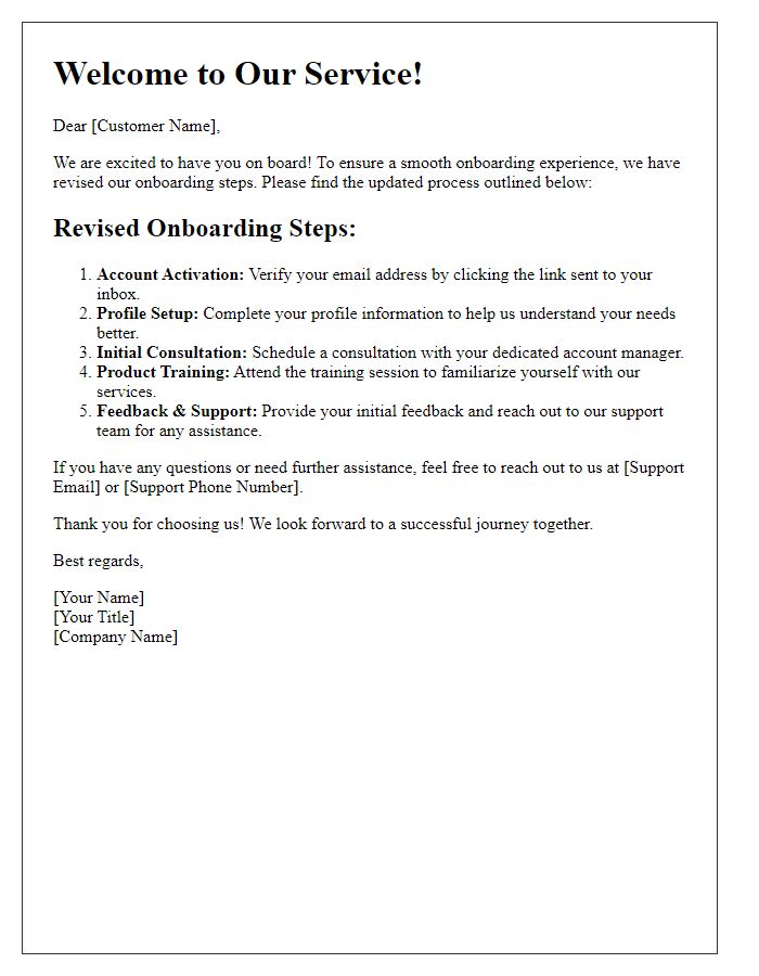 Letter template of revised onboarding steps for new customers