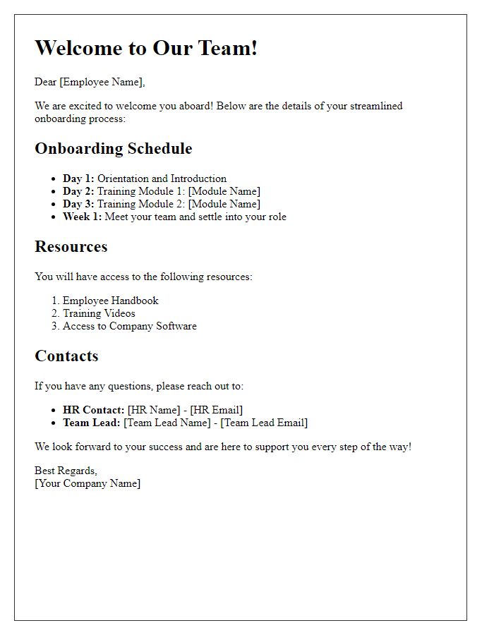 Letter template of streamlined onboarding process details