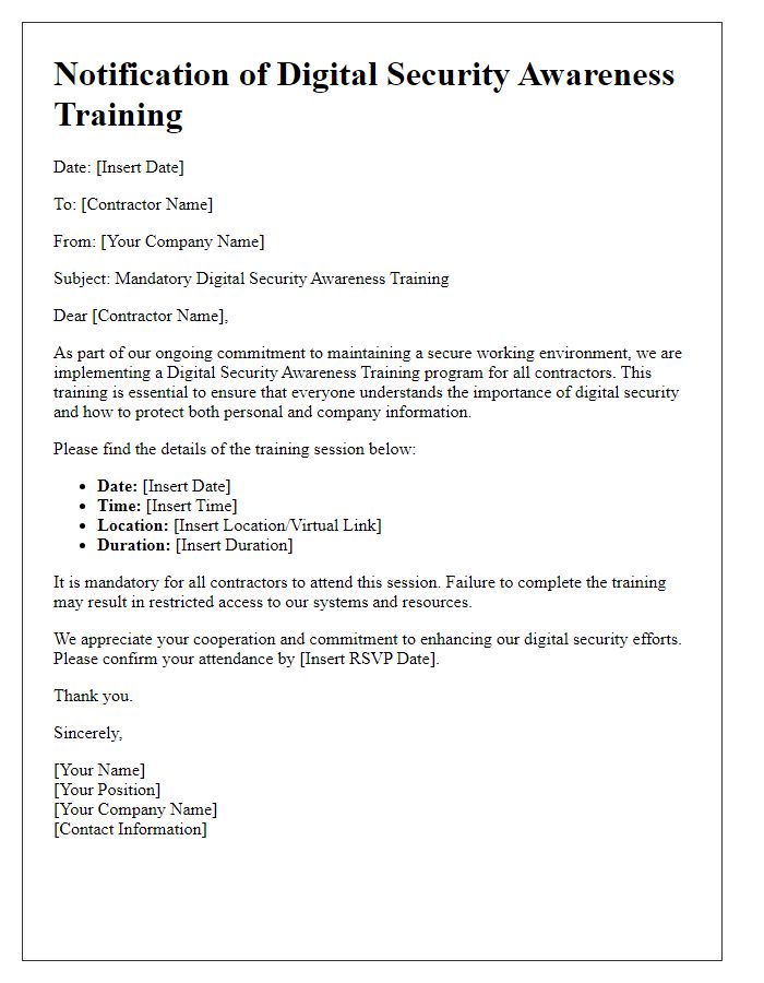 Letter template of digital security awareness training for contractors.