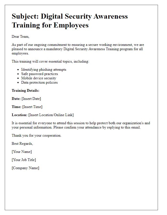 Letter template of digital security awareness training for employees.