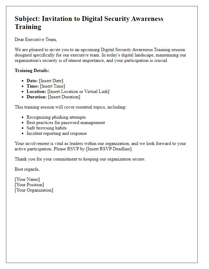 Letter template of digital security awareness training for executive teams.