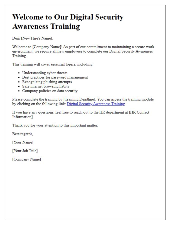 Letter template of digital security awareness training for new hires.