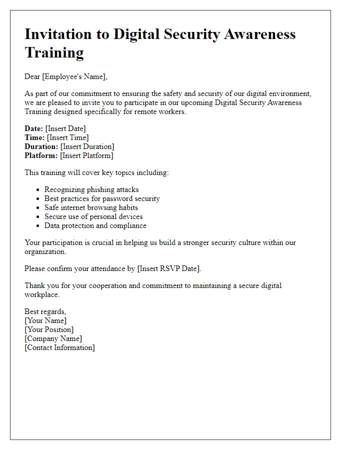 Letter template of digital security awareness training for remote workers.