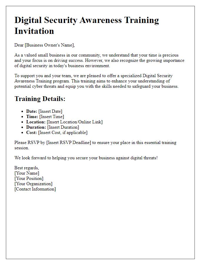 Letter template of digital security awareness training for small businesses.