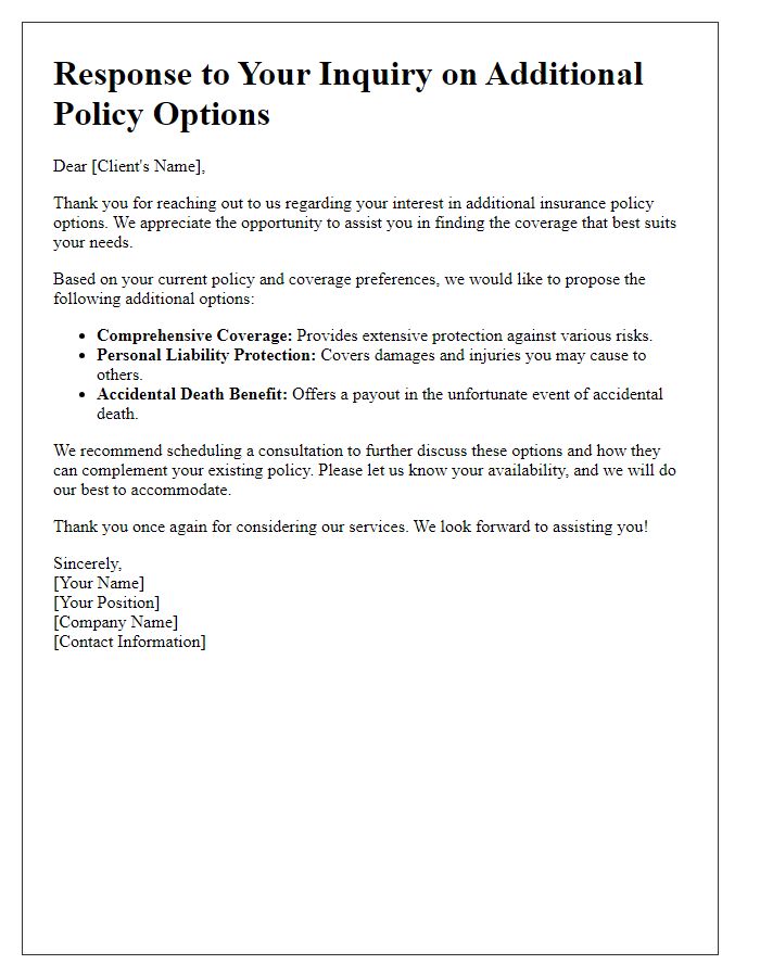 Letter template of insurance inquiry response about additional policy options.