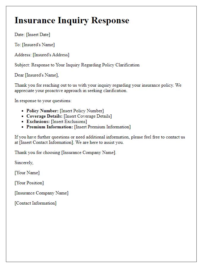 Letter template of insurance inquiry response for policy clarification.