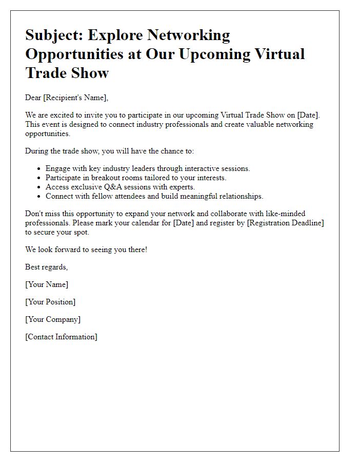 Letter template of networking opportunities during virtual trade show.