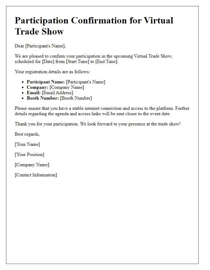 Letter template of participation confirmation for virtual trade show.