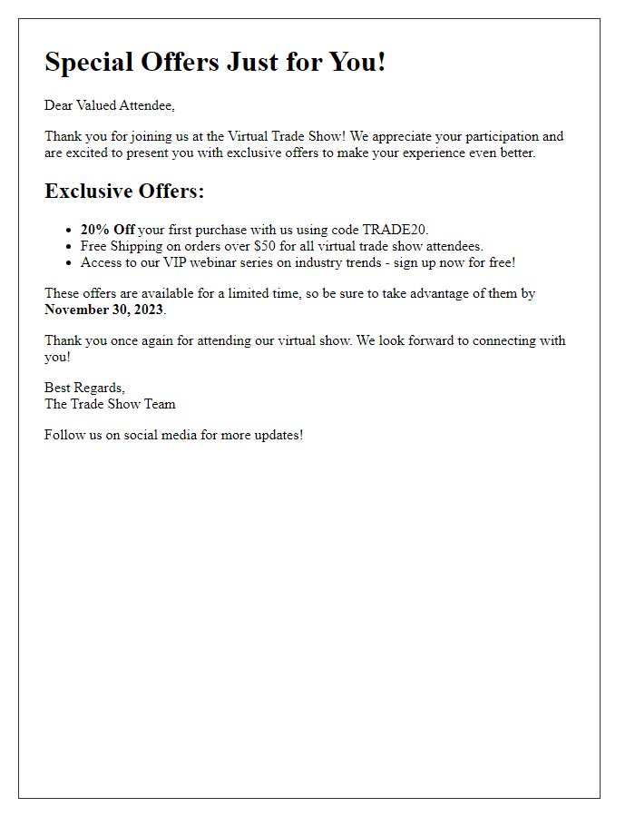 Letter template of special offers for virtual trade show attendees.