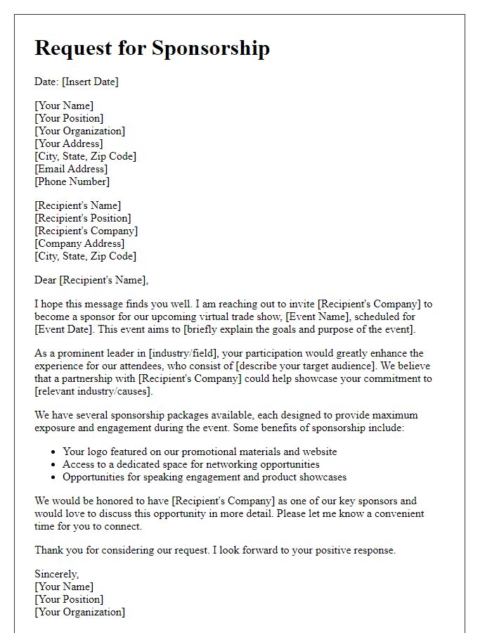 Letter template of sponsorship request for virtual trade show.