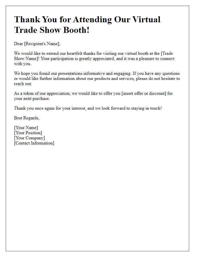 Letter template of thank you for attending our virtual trade show booth.