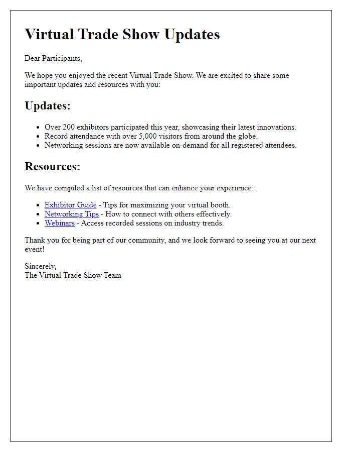 Letter template of updates and resources from the virtual trade show.