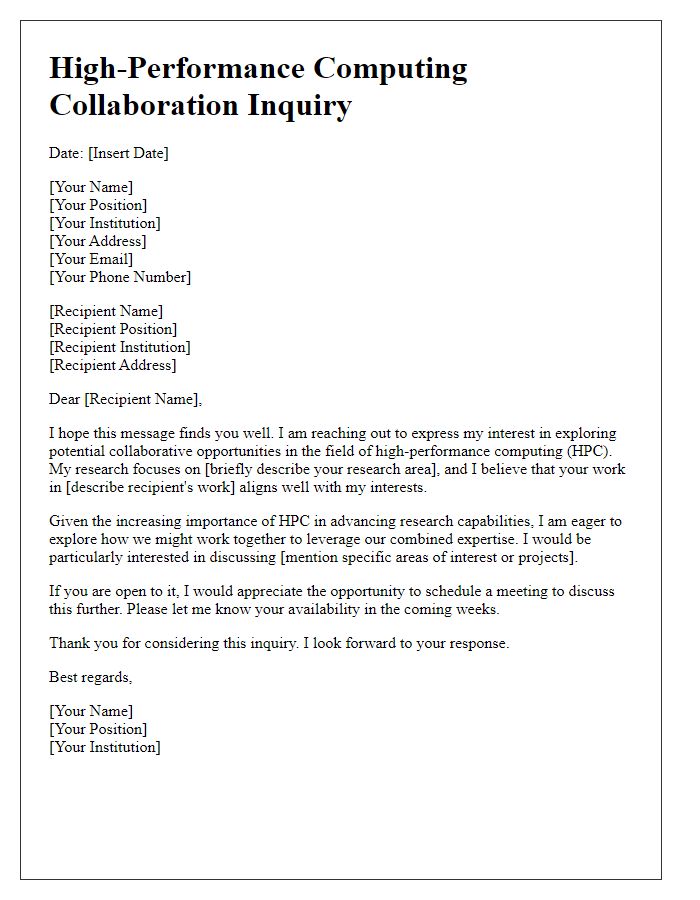 Letter template of high-performance computing collaboration inquiry