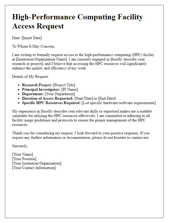 Letter template of high-performance computing facility access request