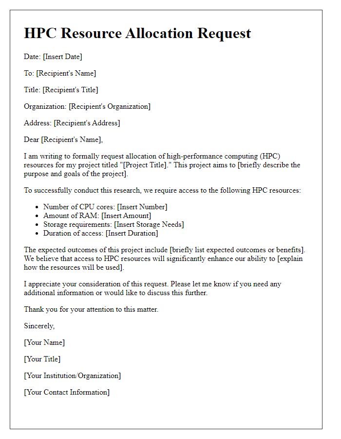 Letter template of high-performance computing resource allocation request