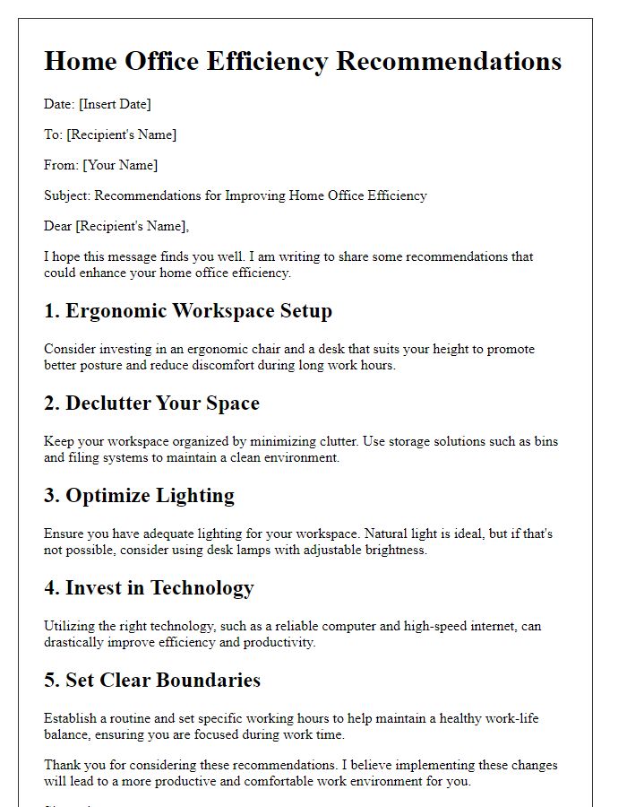 Letter template of home office efficiency recommendations