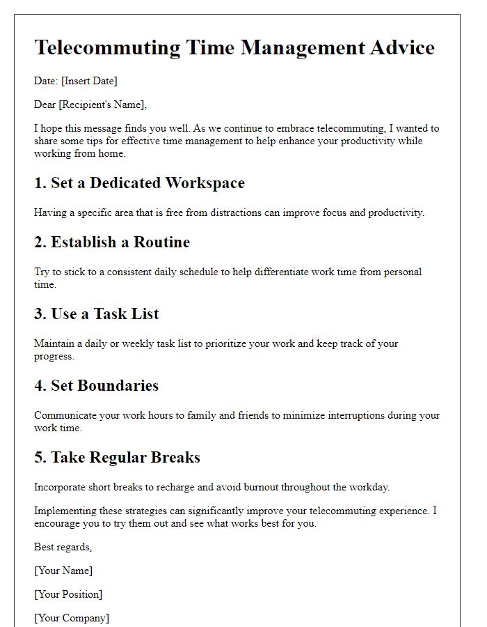 Letter template of telecommuting time management advice