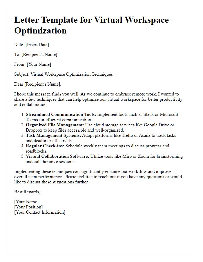 Letter template of virtual workspace optimization techniques