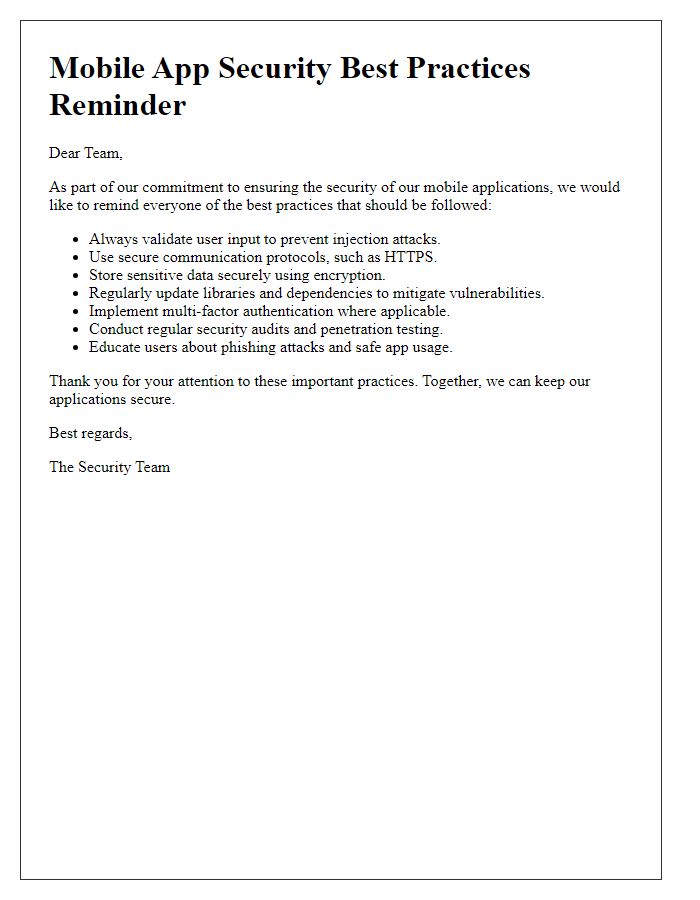 Letter template of mobile app security best practices reminder