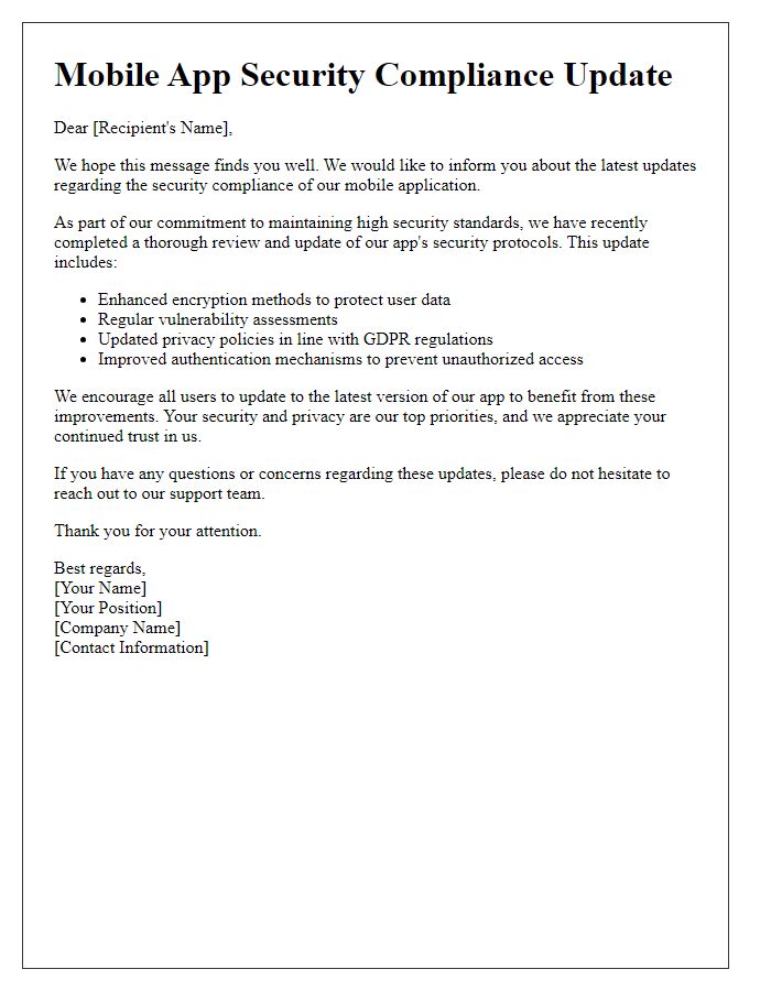 Letter template of mobile app security compliance update