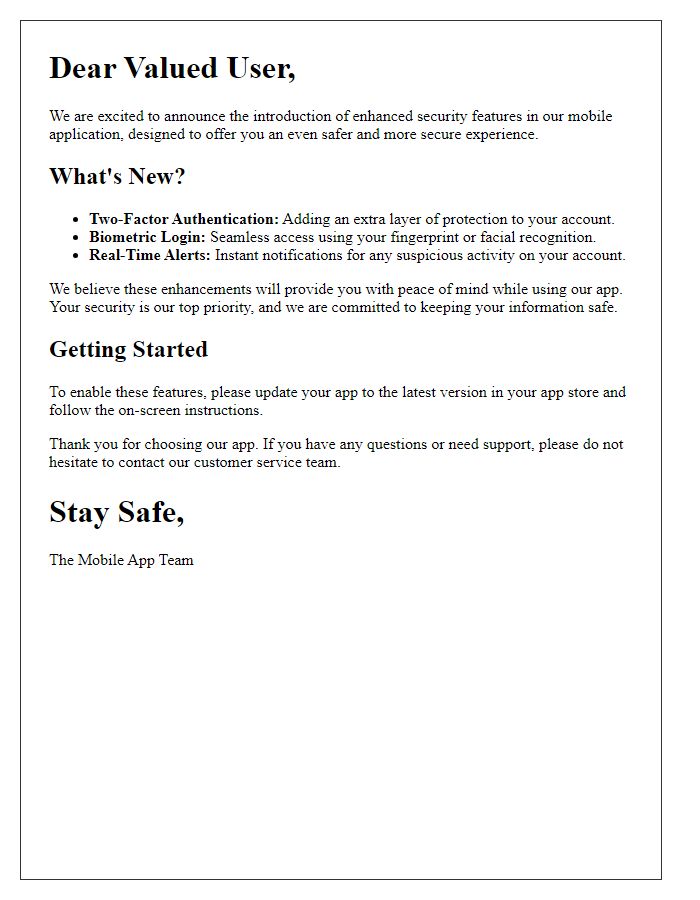 Letter template of mobile app security feature introduction