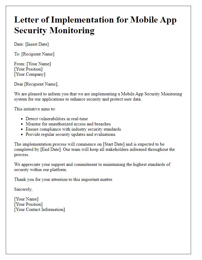 Letter template of mobile app security monitoring implementation