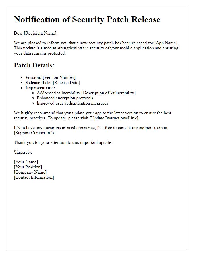 Letter template of mobile app security patch release