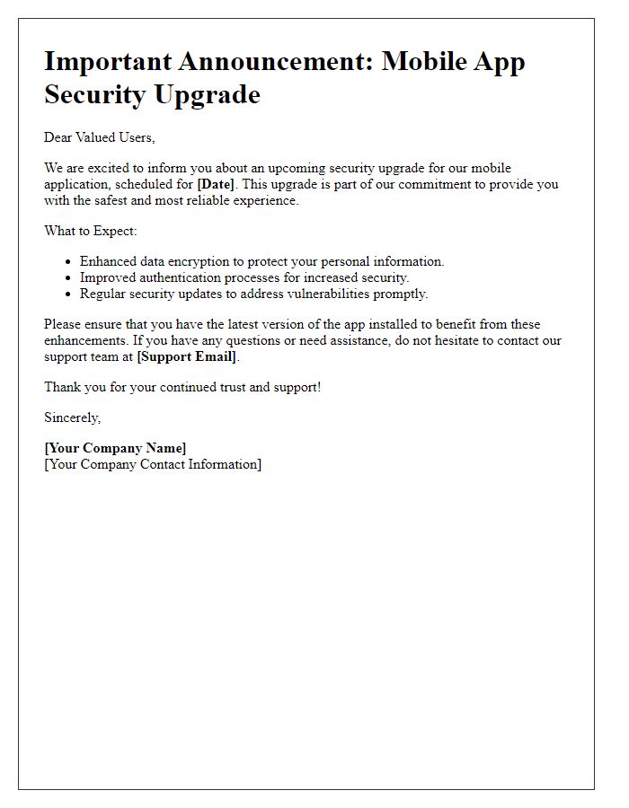 Letter template of mobile app security upgrade announcement