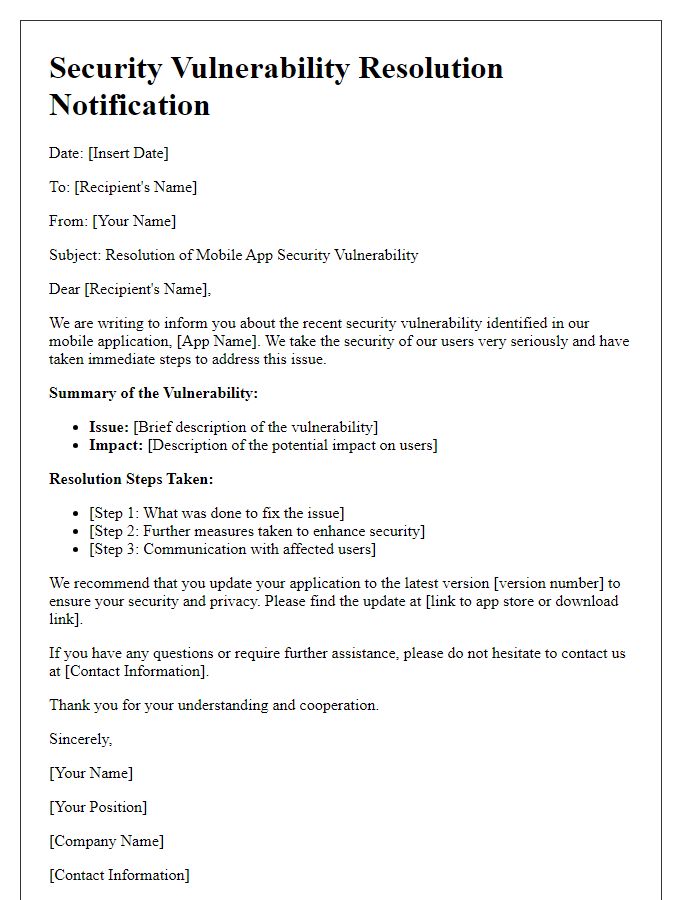 Letter template of mobile app security vulnerability resolution