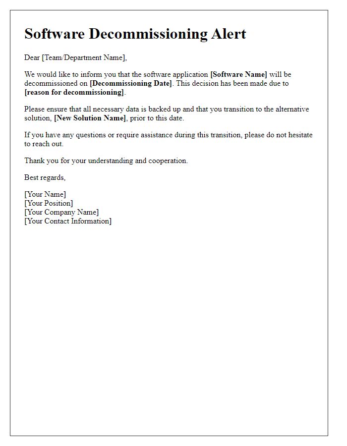 Letter template of software decommissioning alert